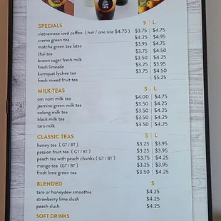 Menu as of Oct 2020