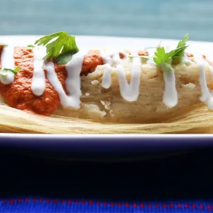 Vegan Tika Masala Tamales with a Cashew Cream, and a Chipotle Curry Salsa