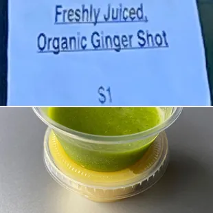 Sample of the green drink and I got the $1 ginger shot on the bottom! I couldn't handle the ginger shot lol.