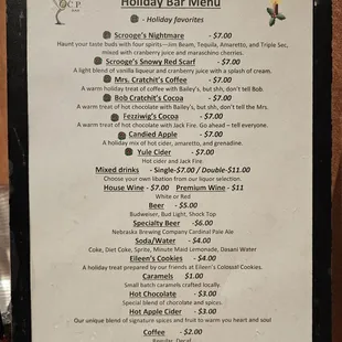 Menu - Drinks themed on tonights show A Christmas Carol