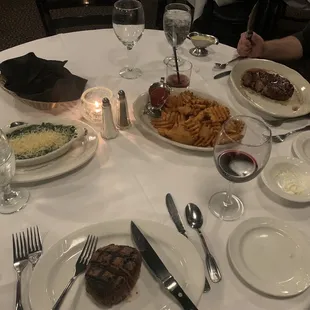 Fillet, NY strip with waffle fries and spinach
