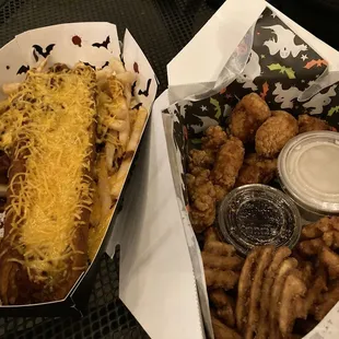Special Ghouls &amp; Glow menu - &quot;coffin corn dog&quot; and chicken and waffle fries