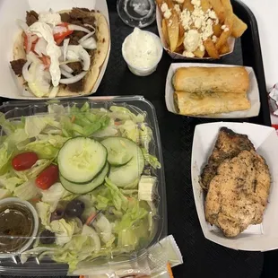 Gyro, Greek chicken salad. Feta fries