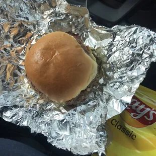 a hamburger and chips