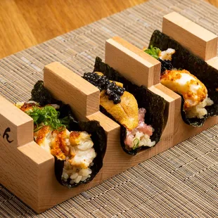 Baked King Crab, Toro Uni Caviar, Baked Lobster Tail Hand Rolls