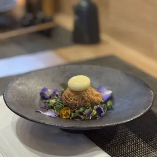 Crab cake with cream "bubble"