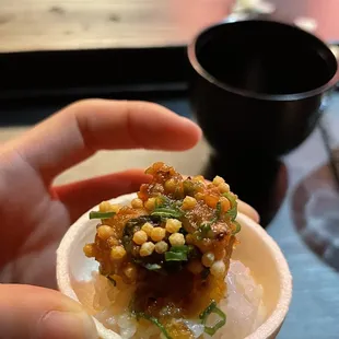 a person holding a small bowl of food