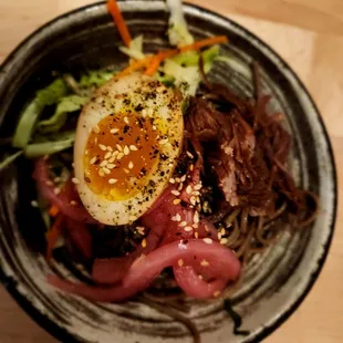 6th and final course, soba bowl with short rib and egg. Extremely salty. Overcooked soba with bad texture. Cold egg.