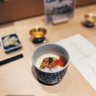 Savory Soft Egg Custard with Japanese Snow Crab, Uni &amp; Ikura
