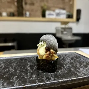 fried oyster and squid ink foam