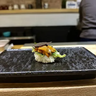 Shisho tempura with uni and truffle