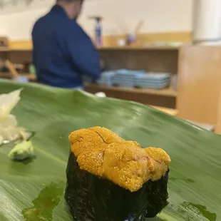 Cured sea urchin with smoky cherry blossom sauce to die for