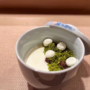 Matcha Panna Cotta (Matcha cookie, red bean, whipped cream)