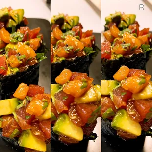 Tuna,salmon, avocado, mix with sauce .