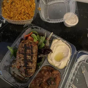 Chicken Adana (spicy), Turkish Eggplant Salad, Hummus, Mediterranean Rice