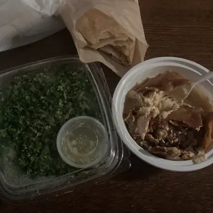 Chicken with hummus , salad