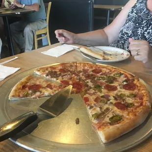 a woman eating a pizza