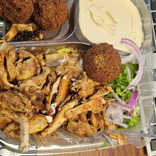 Chicken schwarma platter with hummus and falafel