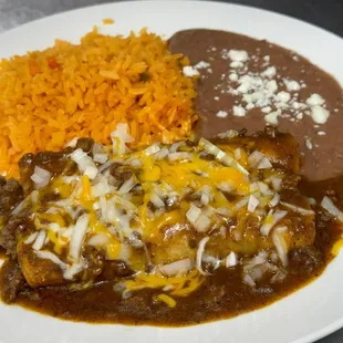 Beef Enchiladas topped with Chili and onions