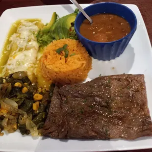 Tampiquena - Thin steak, one cheese enchilada, rajas salad, sliced avocado. Served with rice, charro beans and tortillas. $20.99