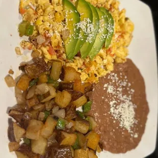 Migas with a side of country potatoes and beans
