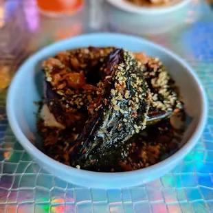 Charcoal grill kombucha squash. Hazelnut cream, fermented pineapple glaze, brown butter and crispy shrimp.