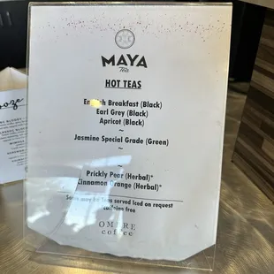 a menu for a hot tea