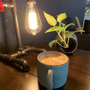 a cup of coffee and a plant