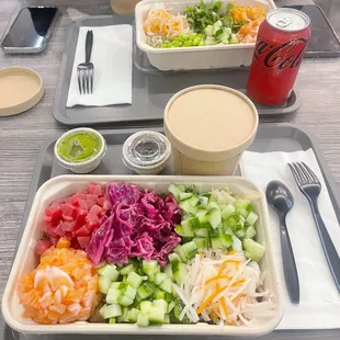 salmon &amp; tuna bowl, half rice, half greens. cucumber, cabbage, daikon &amp; carrot, ginger toppings. miso soup.