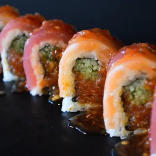 Summer Night: Spicy tuna, cucumber, tuna, salmon, yellowtail, house chili sauce