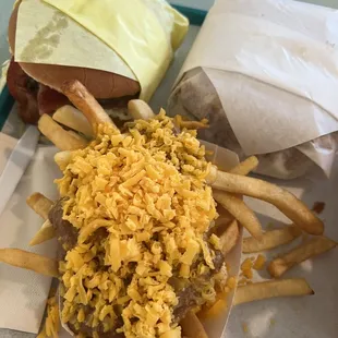 Small Chili Cheese Fries, Chili Burger &amp; Bacon Cheeseburger with avocado
