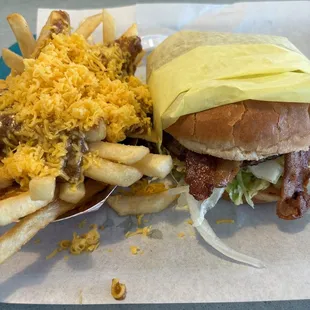 Double Bacon Cheeseburger and small chili cheese fries