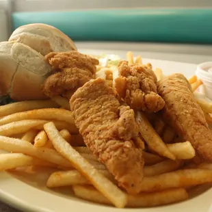 Chicken strips dinner. Comes with a drink too.