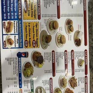 Counter menu as of Sept 2021