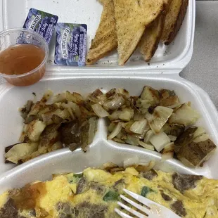 Texas Omelette with Toast &amp; Home Fries as my side (added onions)