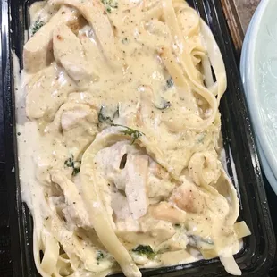 Chicken Fettuccine Alfredo with added broccoli.