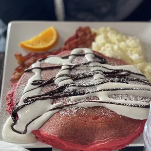 Red Velvet Pancakes, Crispy Bacon, Egg Whites