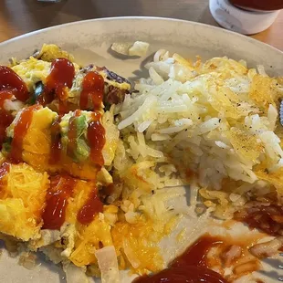 Omelette with peppers, onions, bacon and cheese. Tasted fine nothing outstanding