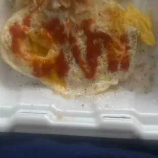 There where suppose to be 2 over easy eggs. 1 fried hard.