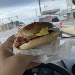 a hand holding a sandwich