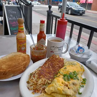 an omelet and bread on a table