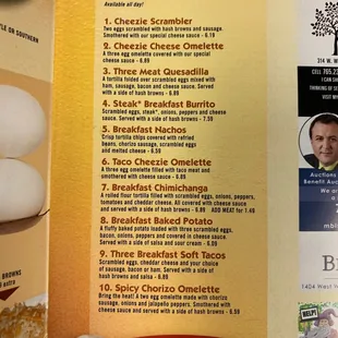 a menu for breakfast