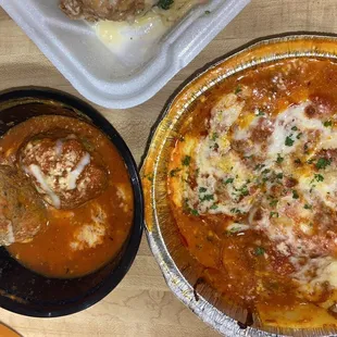Left to right: two meatballs and lasagna. The meatballs were really good! The lasagna was terrible
