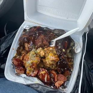 4 meat potato.... Ribs, baked chx, bbq chx and sausage....