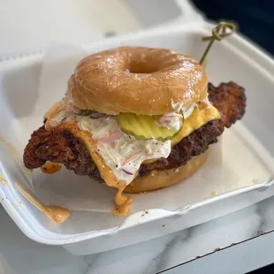 the limited edition nashville hot chicken donut sandwich