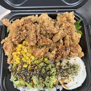 Chicken bowl (inside have popcorn chicken +Green Salad+egg+ Cheese corn+ OMG pickle cucumber+Rice+ avocado+ Sesame+ OMG sauce)
