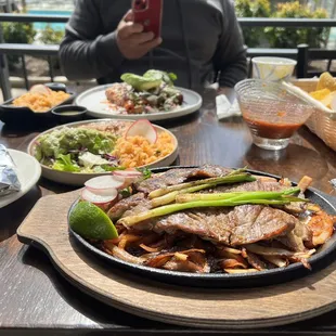 Arrachera plate, tatemada salsa and chips, &amp; enchiladas plate