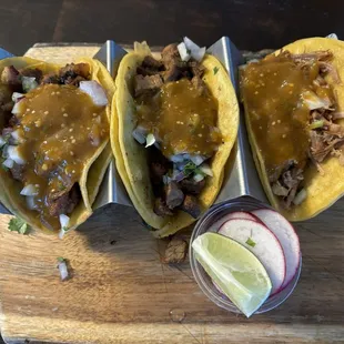 Three taco plate - al pastor, carne asada, and carnitas (left to right) - $6