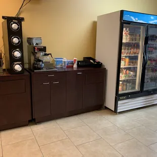 a refrigerator and a coffee machine