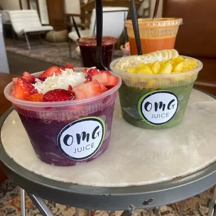 two bowls of smoothie on a table